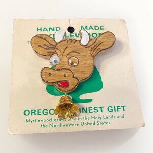 Myrtlewood Brooch Pin Carved Cow Hand Made in Oregon's Finest Gift 1 Googly Eye
